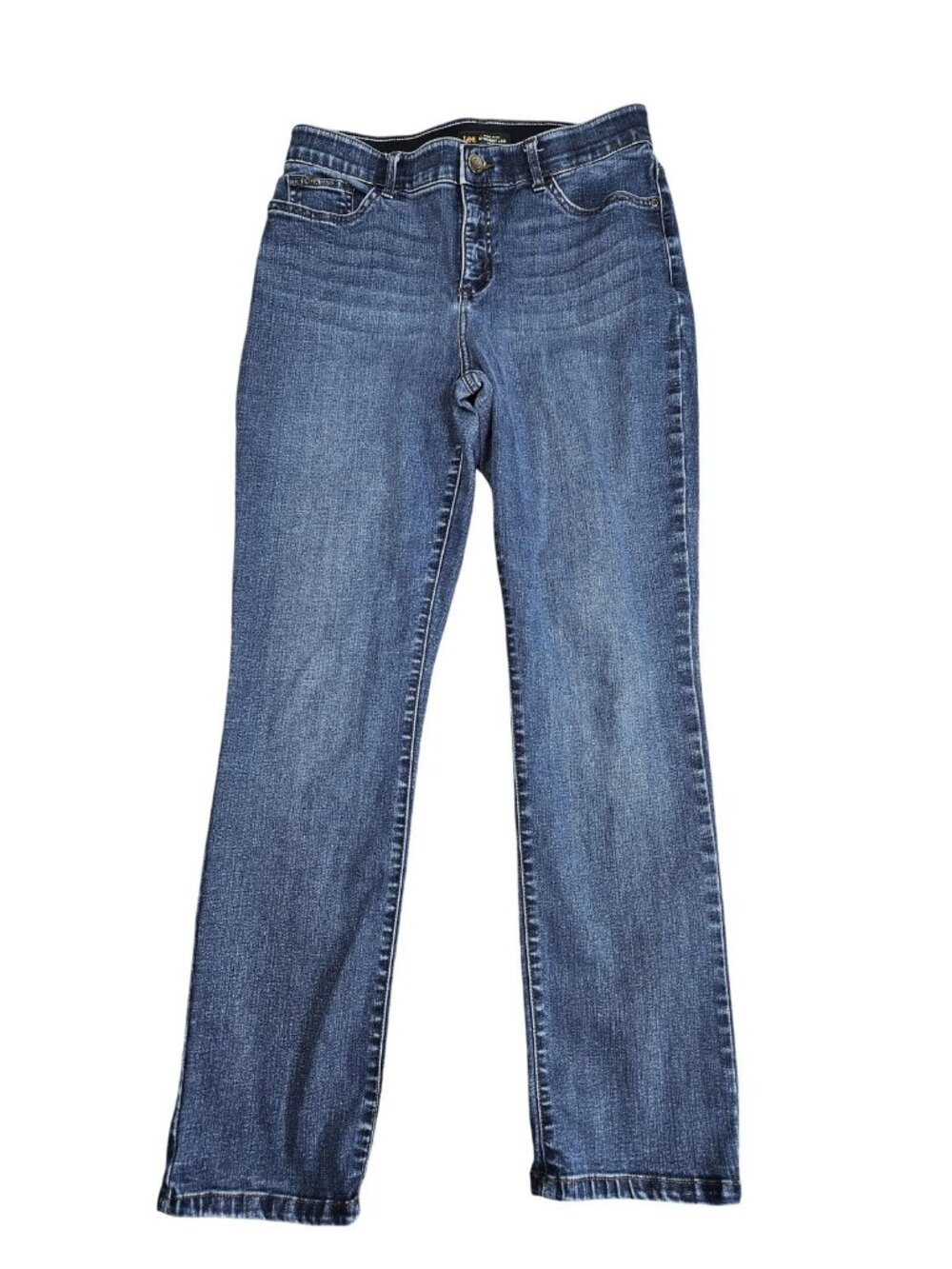 Lee Straight Leg Jeans Womens 12 Blue Wash Mid Rise Flex Motion Stretch Denim